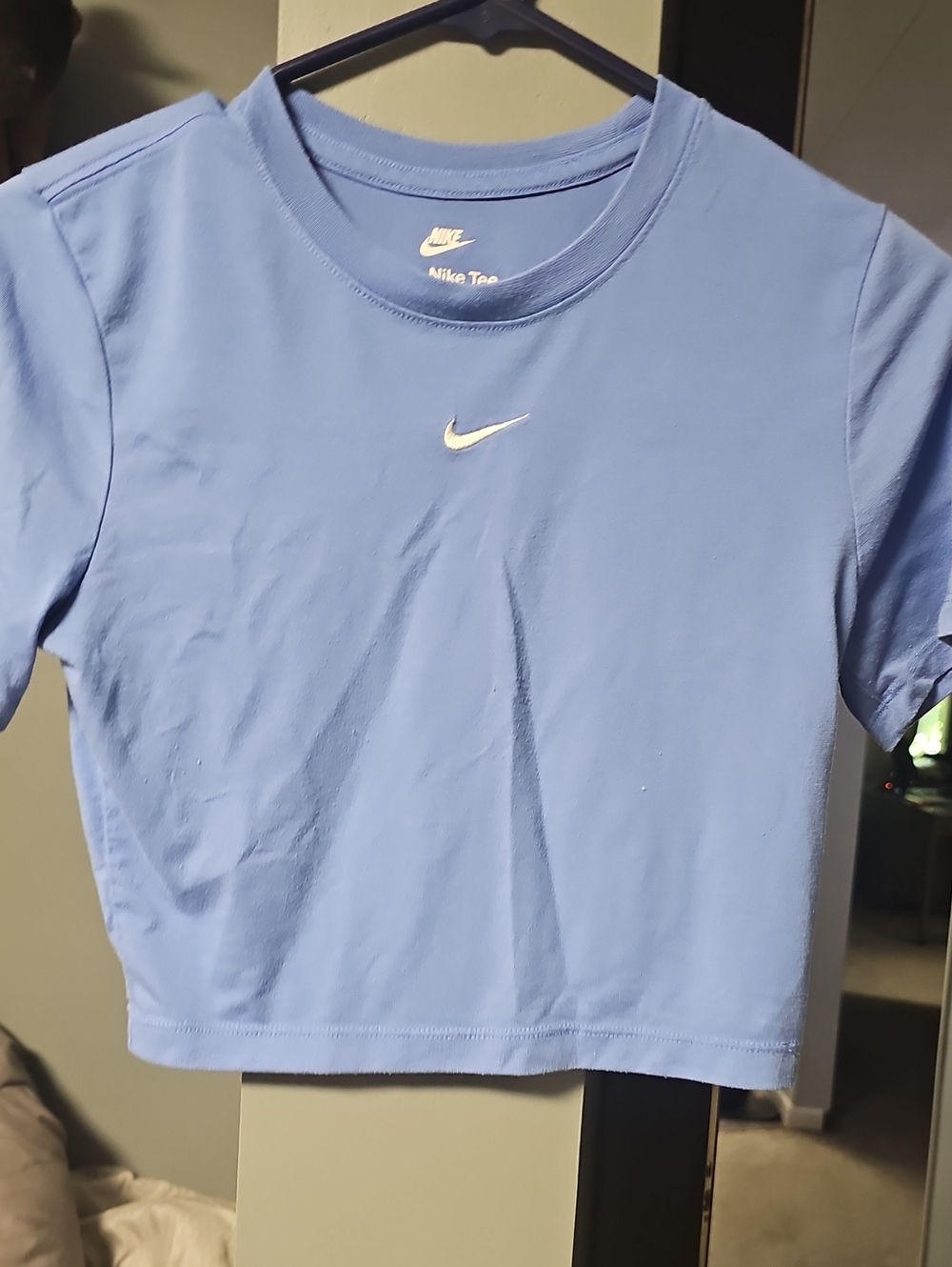 Nike Light Blue Cropped Tee with White Swoosh